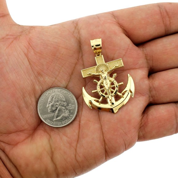 Real 10K Yellow Gold XL Anchor Cross Pendant - Picture 3 of 5